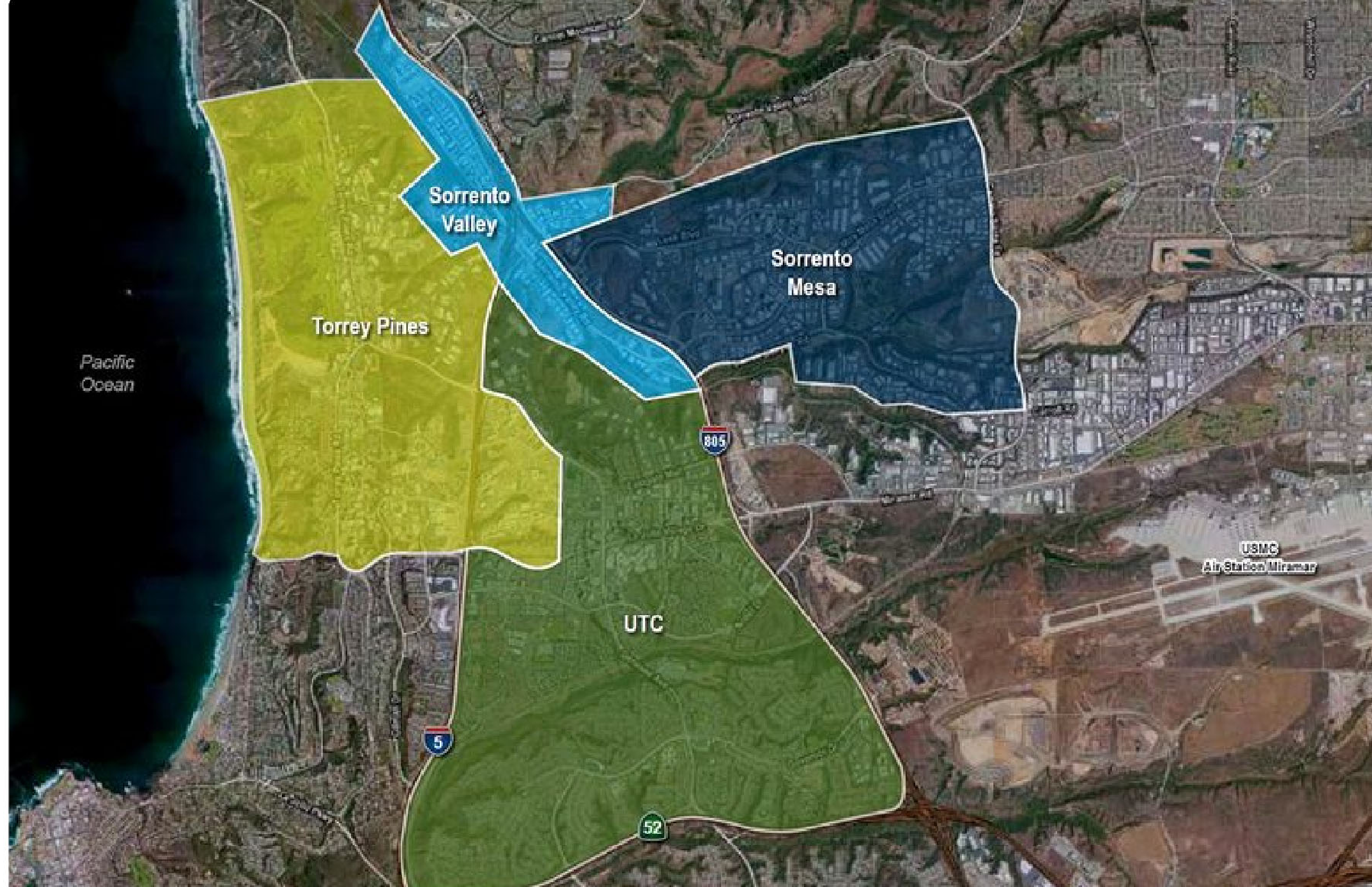 Aerial map of San Diego core life science cluster: Torrey Pines, Sorrento Valley, Sorrento Mesa, and UTC submarkets